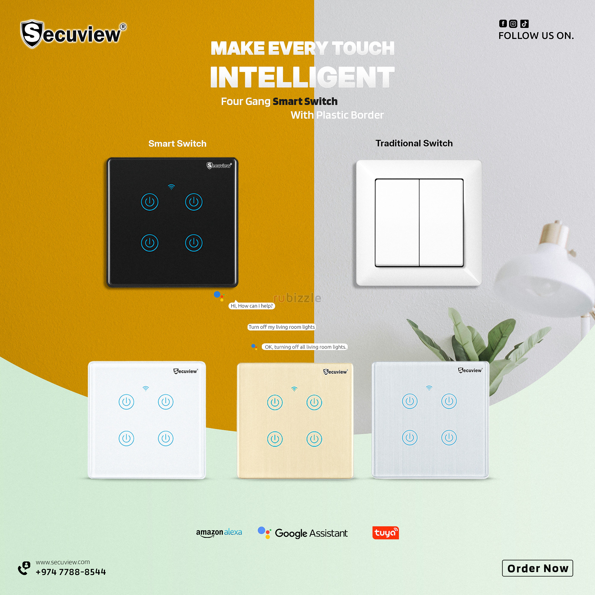 Secuview Four Gang Brushed Panel Smart Switch With Plastic Border