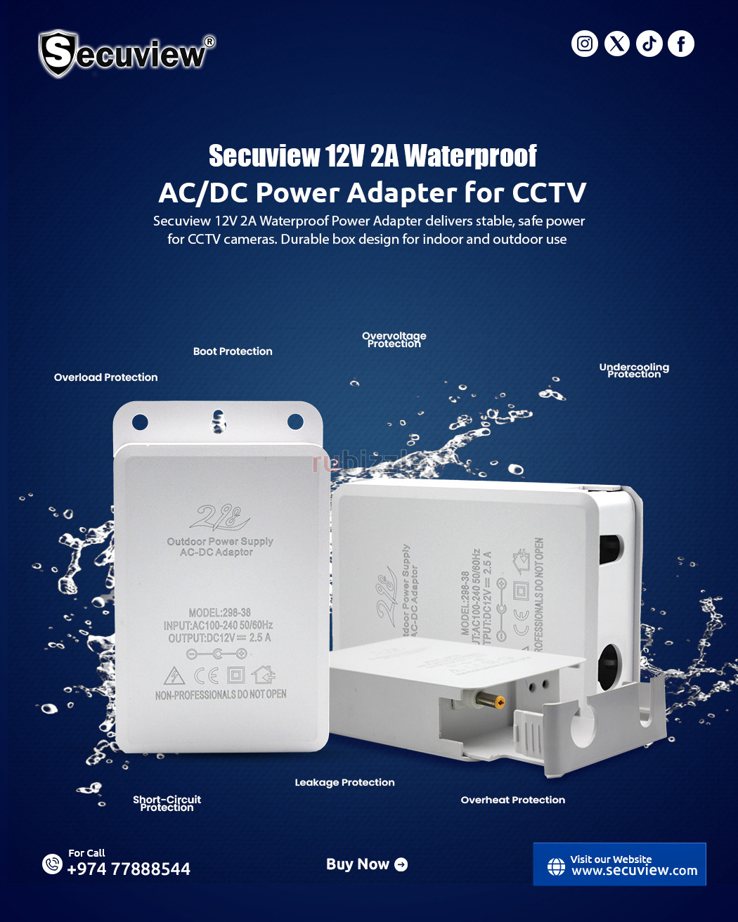Secuview 12V 2A Waterproof AC/DC Power Adapter for CCTV Cameras | Box