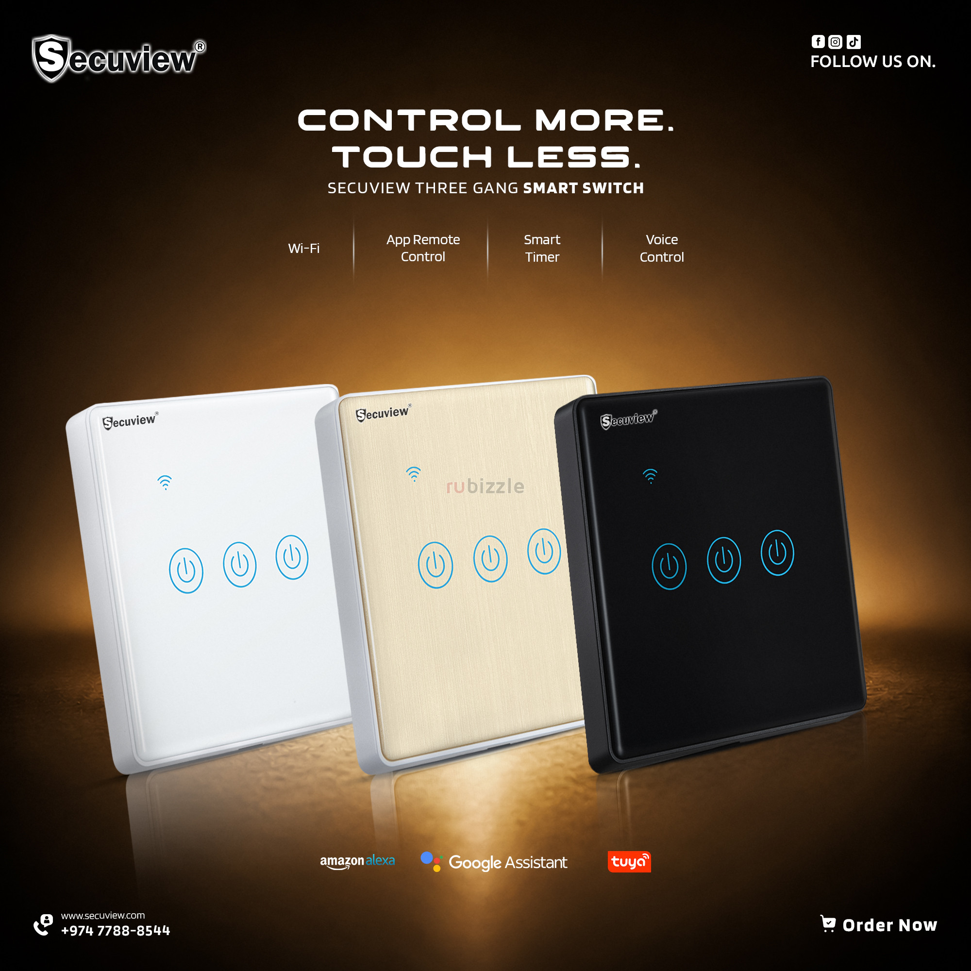 Secuview Three Gang Brushed Panel Smart Switch With Plastic Border.
