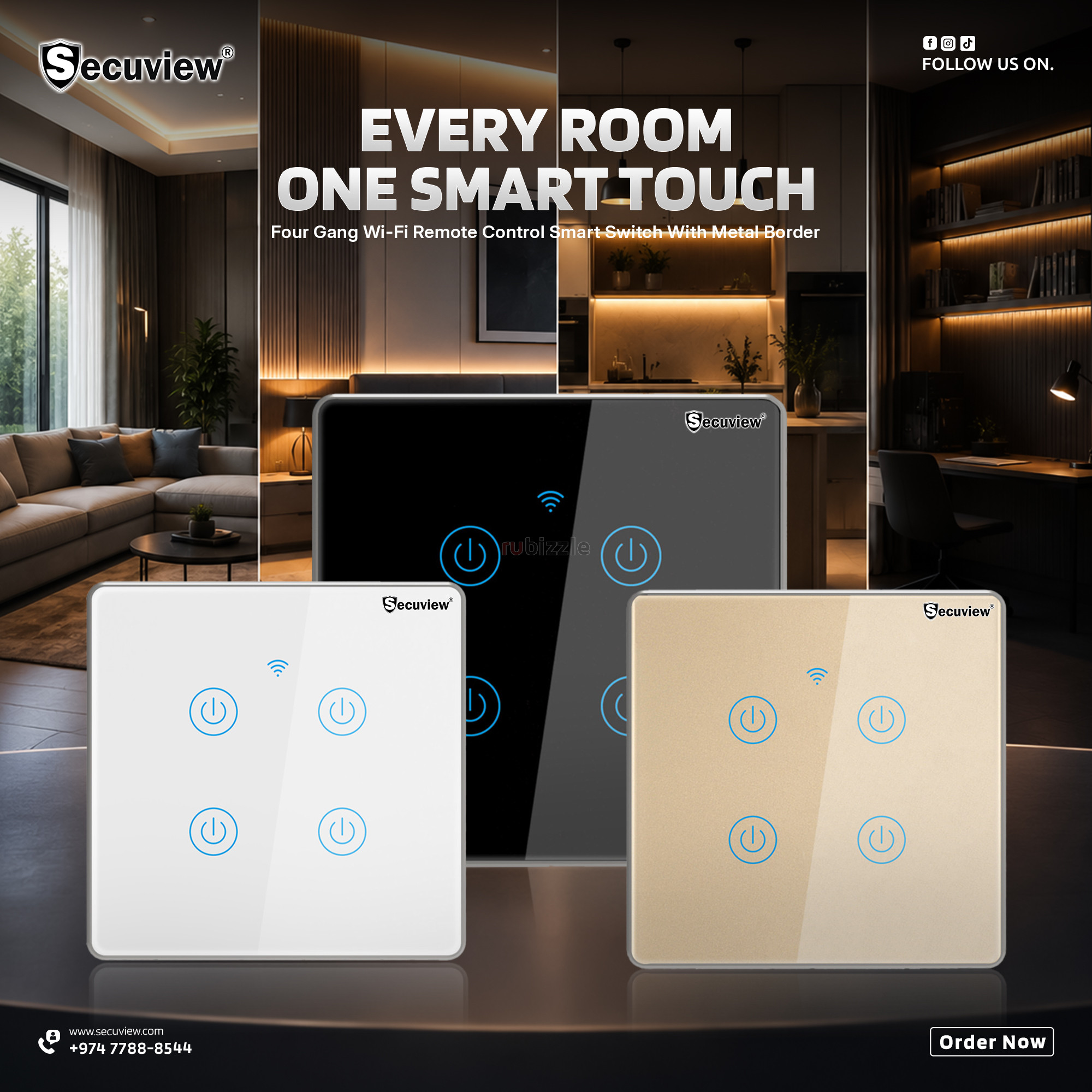 Secuview Four Gang Wi-Fi Remote Control Smart Switch With Metal Border
